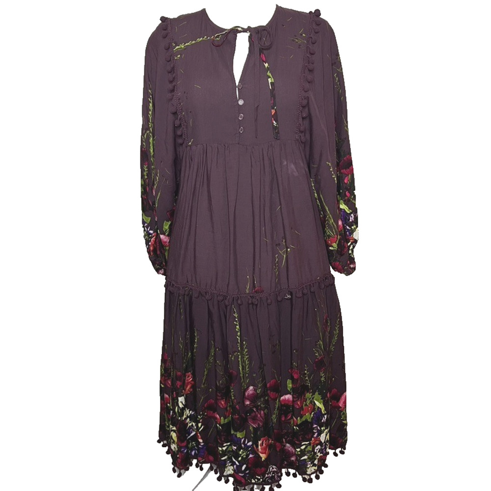 Jaase‎ Dress Large Babydoll Eggplant Tiered Pom Poms Floral Gypsy Whimsigoth